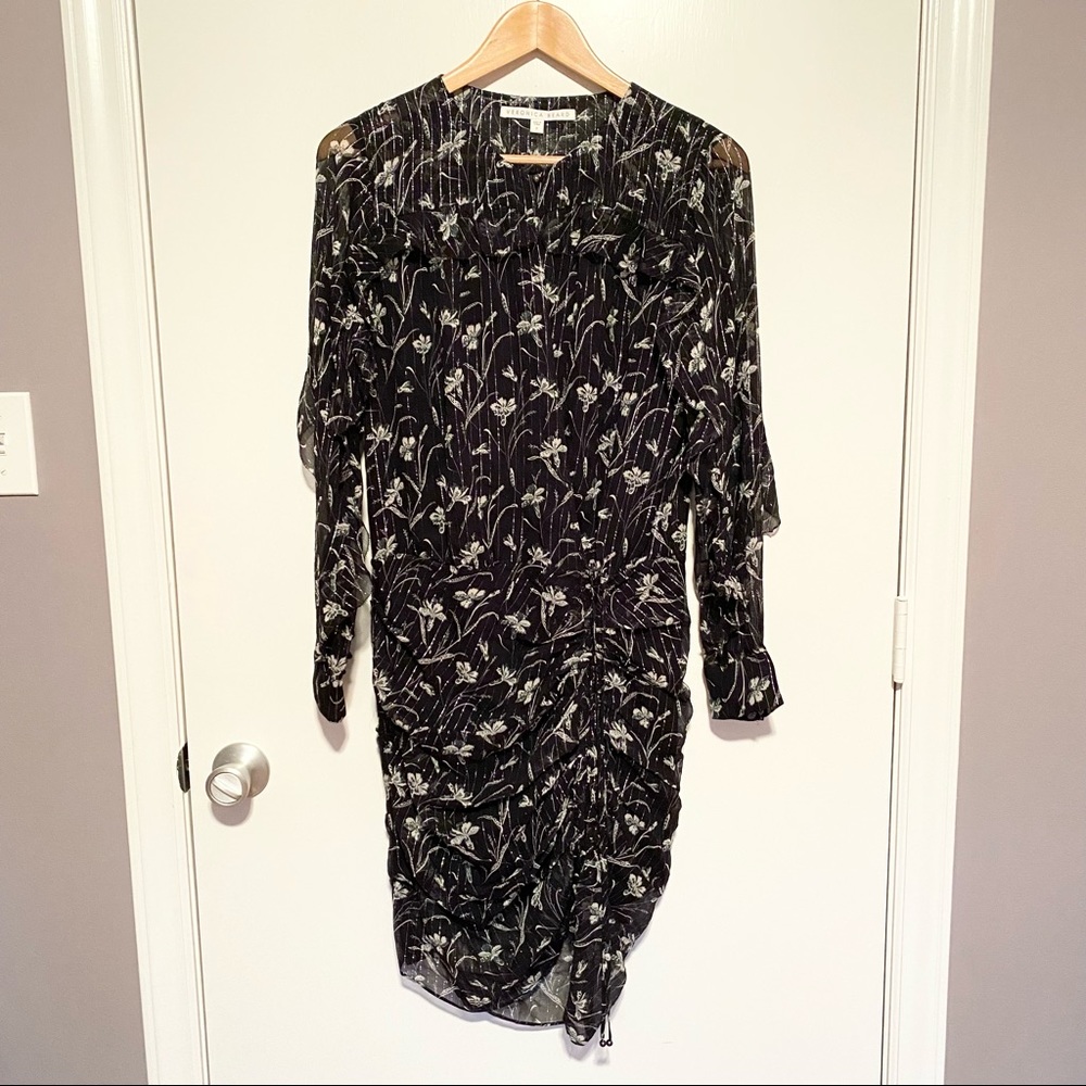 Veronica Beard Fitzgerald Black Metallic Ruched Floral Silk Mini Dress - Picture 4 of 14